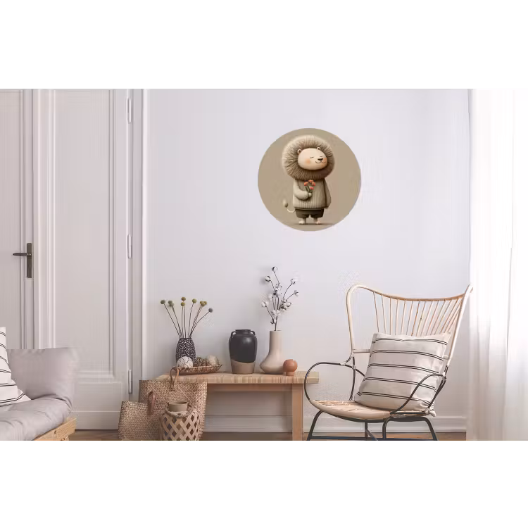 Leeuw - Oranje bloemen - Vriendelijk Wandcirkel aluminium klein -woonkamer