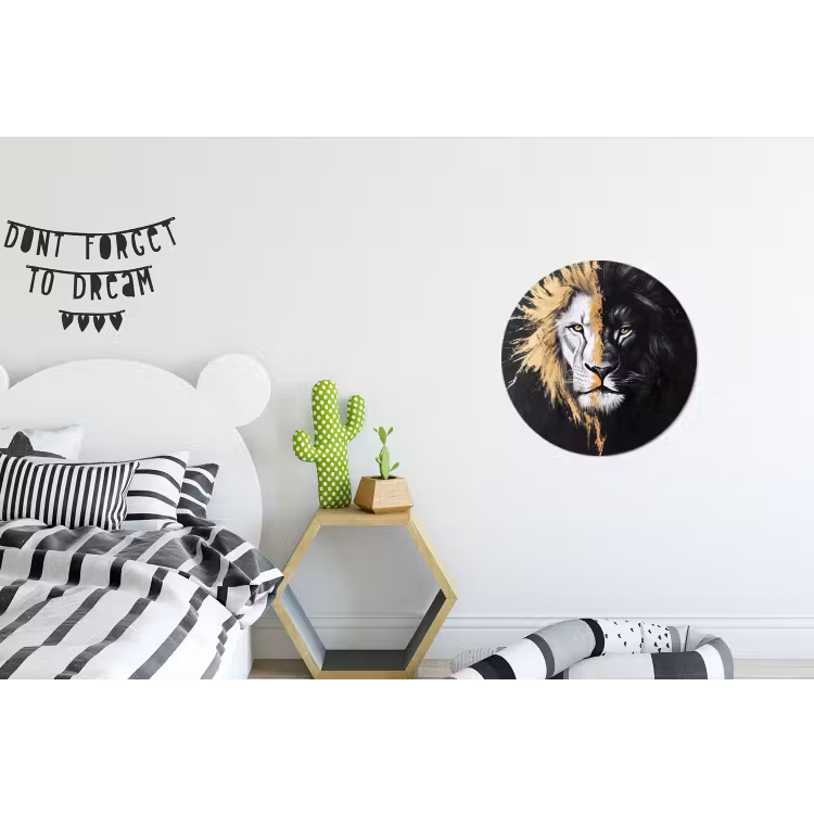 Leeuw - Gesplitst - Zwart - Lijn Wandcirkel aluminium klein -kinderkamer