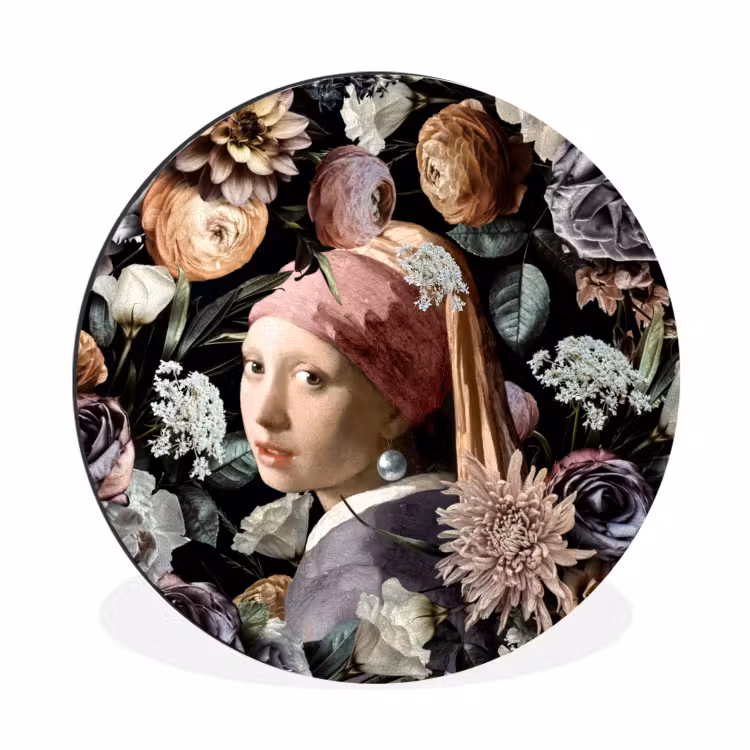 Meisje met de parel - Bloemen - Vermeer - Pastel - Kunstwerk - Schilderij - Oude meesters Wandcirkel aluminium klein -3d