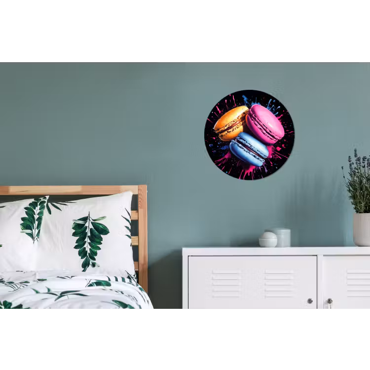 Macarons - Dessert - Graffiti - Kleurrijk - Roze - Blauw - Geel Wandcirkel aluminium klein -slaapkamer