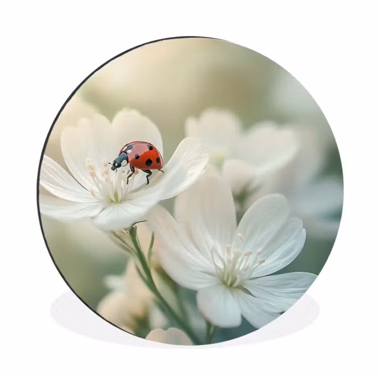 Lieveheersbeestje - Bloemen - Wit Wandcirkel aluminium klein -3d