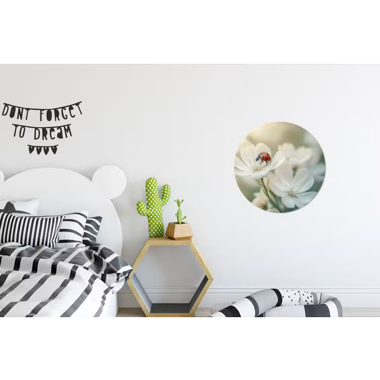 Lieveheersbeestje - Bloemen - Wit Wandcirkel aluminium klein -kinderkamer