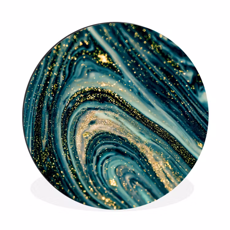 Marmerlook - Luxe - Goud - Turquoise - Glitter Wandcirkel aluminium klein -3d