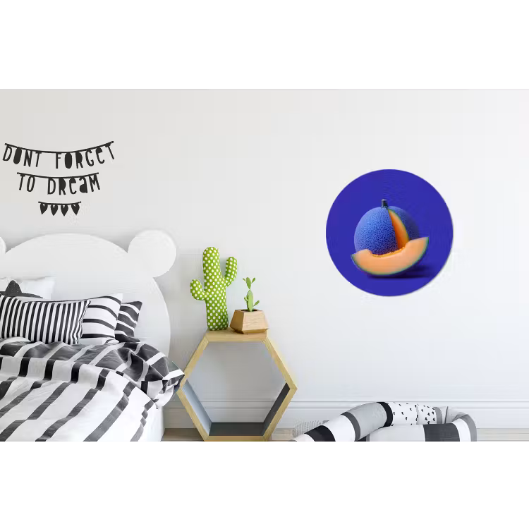 Meloen - Blauw - Oranje - Kunstzinnig Wandcirkel aluminium klein -kinderkamer
