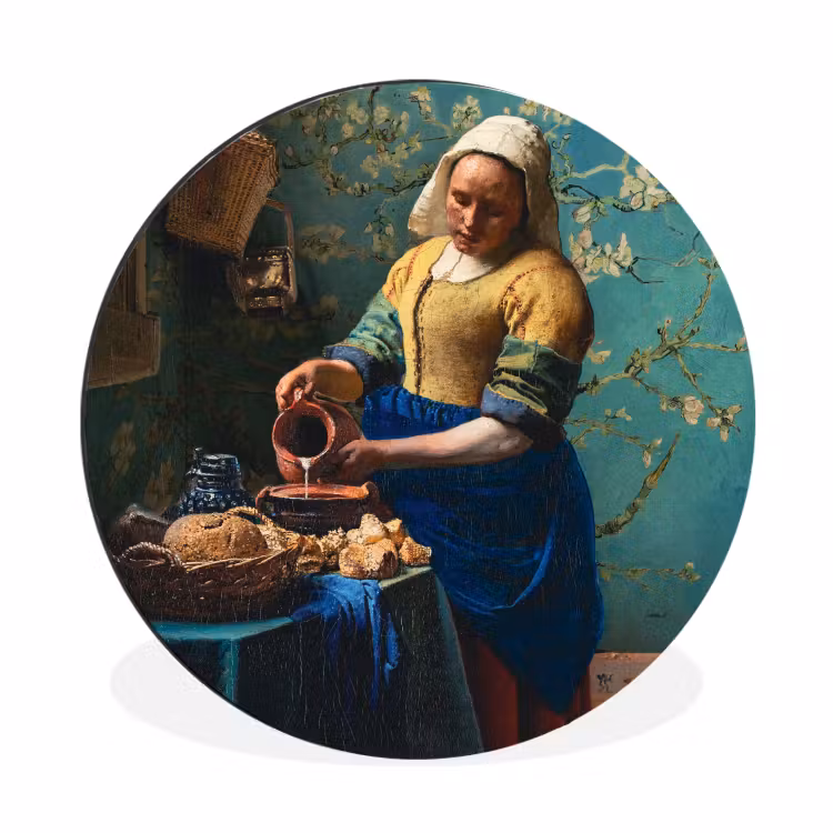 Melkmeisje - Amandelbloesem - Van Gogh - Vermeer - Schilderij - Oude meesters Wandcirkel aluminium klein -3d