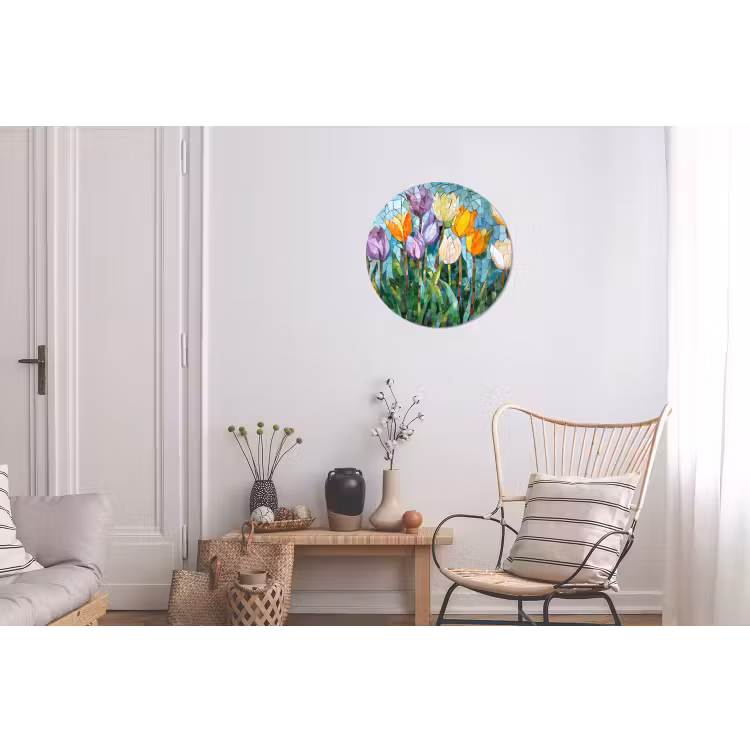 Mozaïek - Veld - Tulpen - Kleurrijk Wandcirkel aluminium klein -woonkamer
