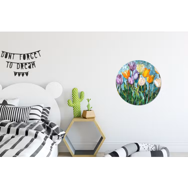 Mozaïek - Veld - Tulpen - Kleurrijk Wandcirkel aluminium klein -kinderkamer