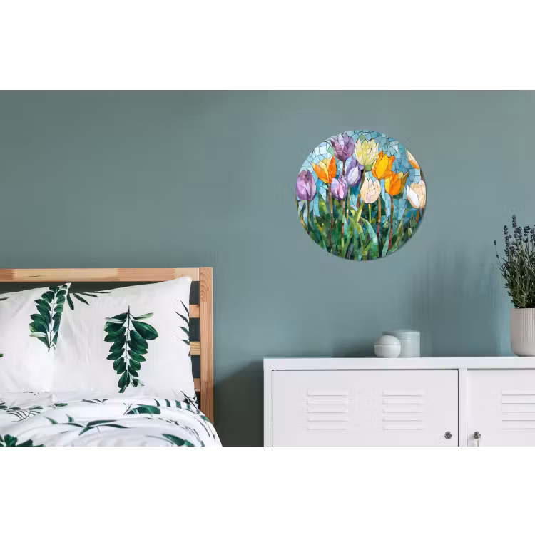 Mozaïek - Veld - Tulpen - Kleurrijk Wandcirkel aluminium klein -slaapkamer