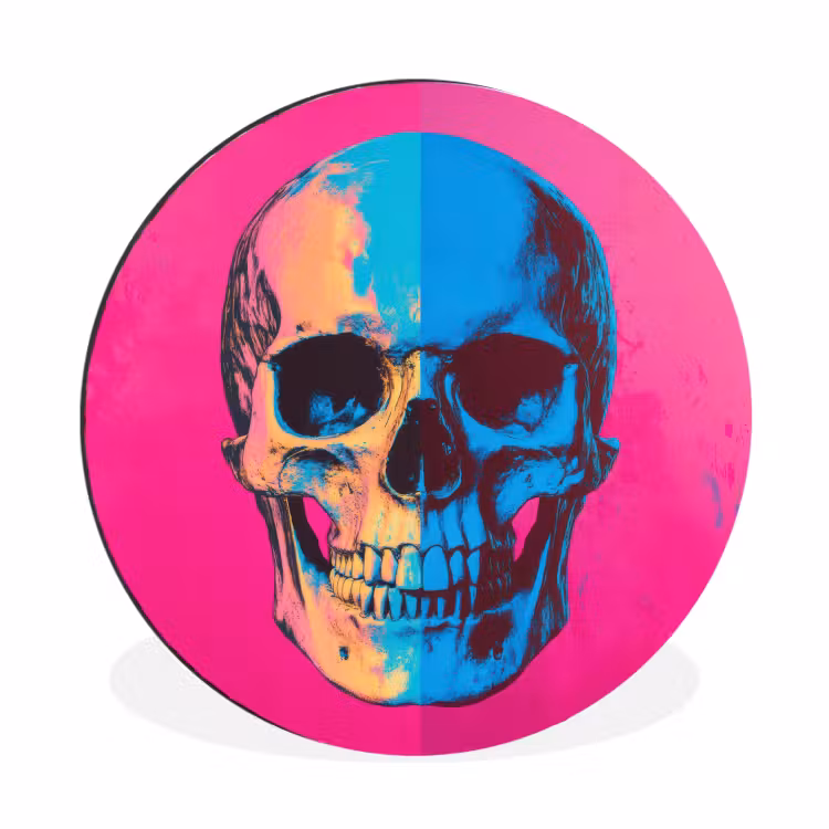 Neon - Blauw - Pop-art - Schedel Wandcirkel aluminium klein -3d