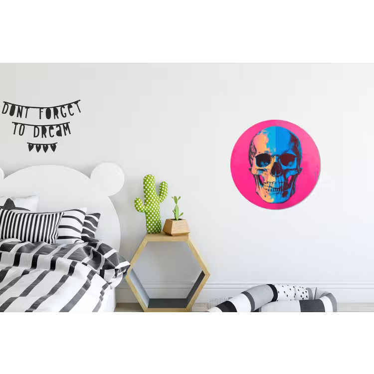 Neon - Blauw - Pop-art - Schedel Wandcirkel aluminium klein -kinderkamer