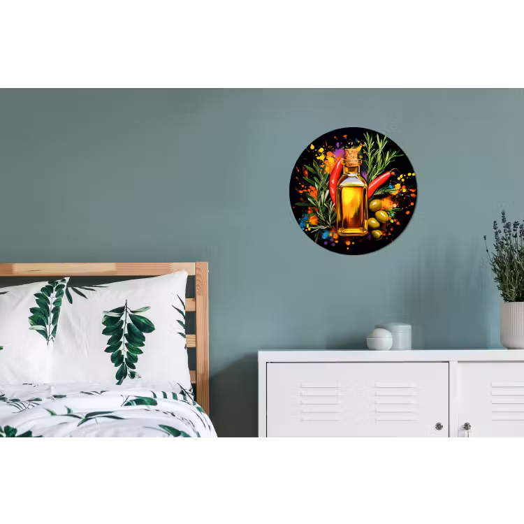 Olijfolie - Graffiti - Peper - Olijven - Modern Wandcirkel aluminium klein -slaapkamer