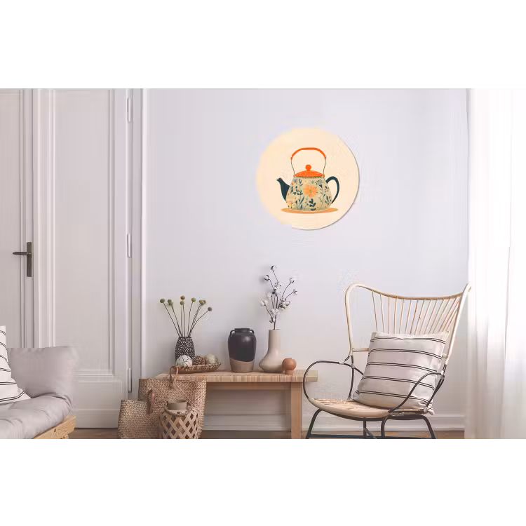 Oranje - Theepot - Bloemen - Bladeren Wandcirkel aluminium klein -woonkamer