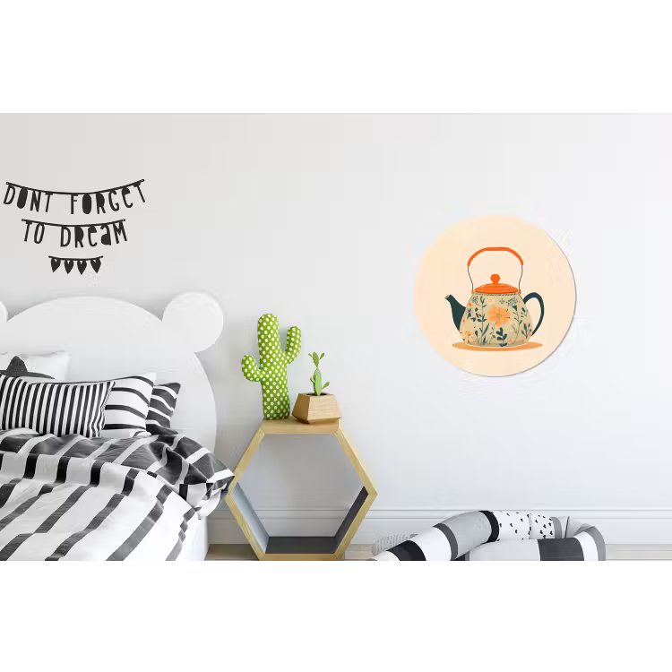 Oranje - Theepot - Bloemen - Bladeren Wandcirkel aluminium klein -kinderkamer