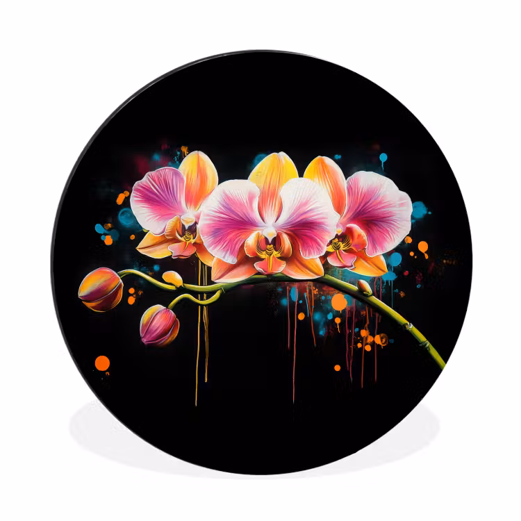 Orchidee - Graffiti - Kleurrijk - Bloemen - Abstract Wandcirkel aluminium klein -3d