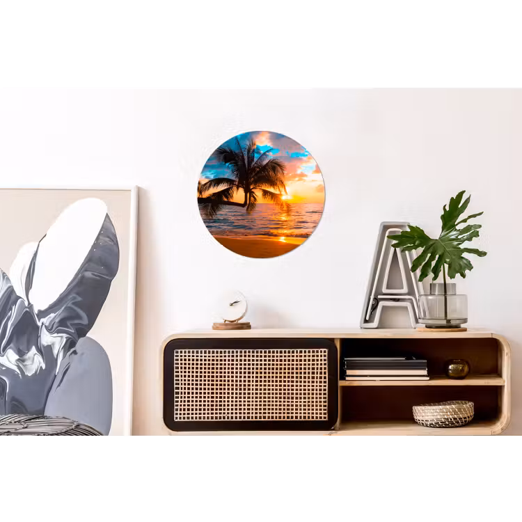Palm - Zonsondergang - Horizon - Strand - Zee Wandcirkel aluminium klein -kantoor