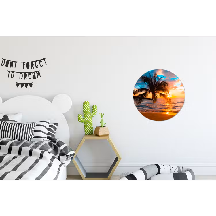 Palm - Zonsondergang - Horizon - Strand - Zee Wandcirkel aluminium klein -kinderkamer