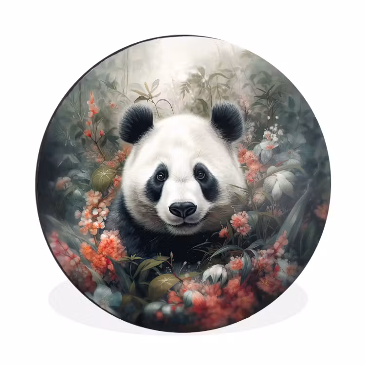 Panda - Wilde dieren - Bloemen - Natuur Wandcirkel aluminium klein -3d