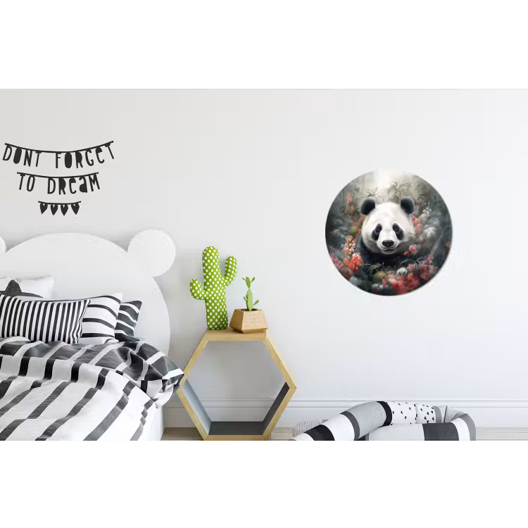 Panda - Wilde dieren - Bloemen - Natuur Wandcirkel aluminium klein -kinderkamer