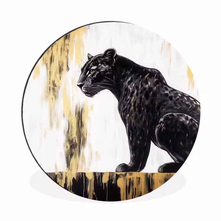 Panter - Zwart - Abstract - Goud Wandcirkel aluminium klein -3d