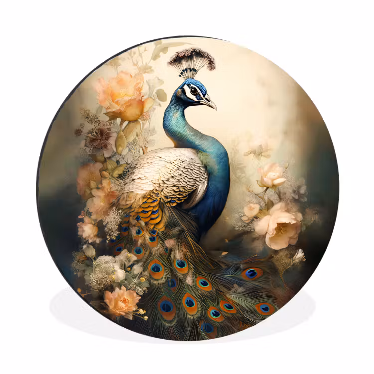Pauw - Pauwenveren - Bloemen - Vogels - Botanisch Wandcirkel aluminium klein -3d