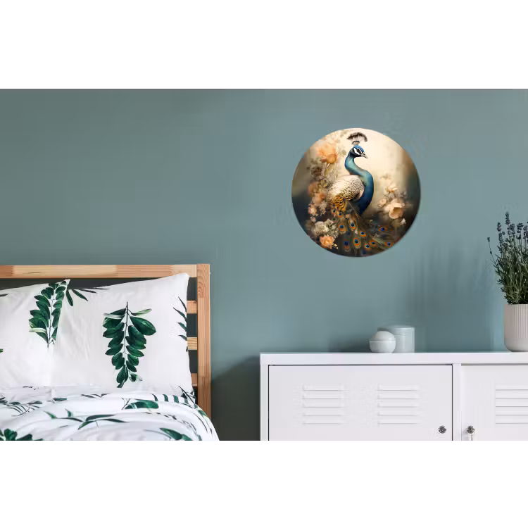 Pauw - Pauwenveren - Bloemen - Vogels - Botanisch Wandcirkel aluminium klein -slaapkamer