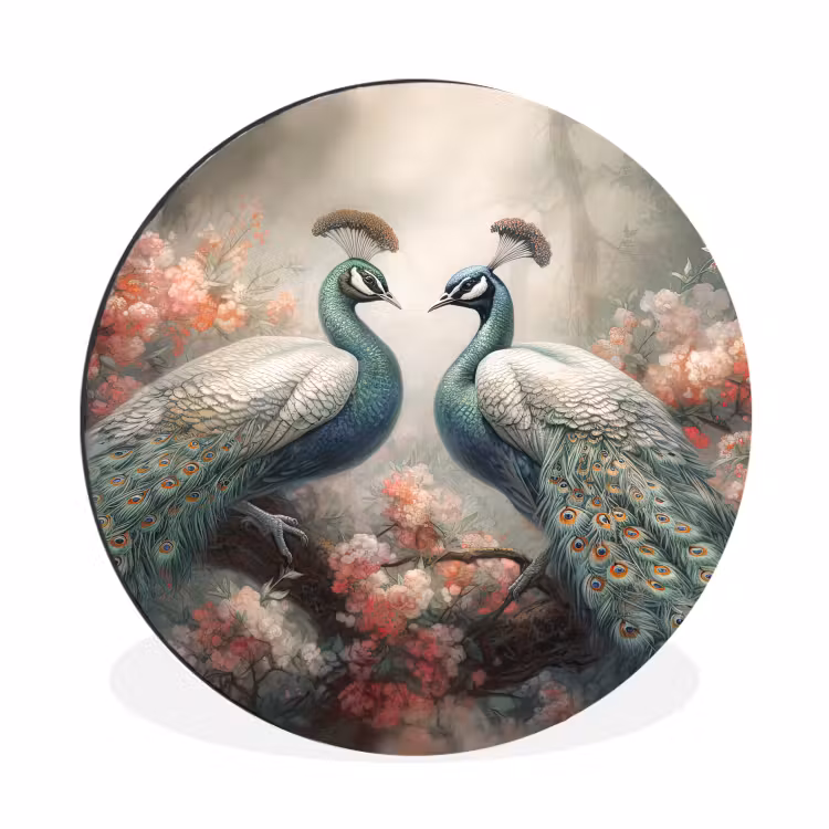 Pauwen - Pauwenveren - Vogels - Bloemen - Natuur Wandcirkel aluminium klein -3d