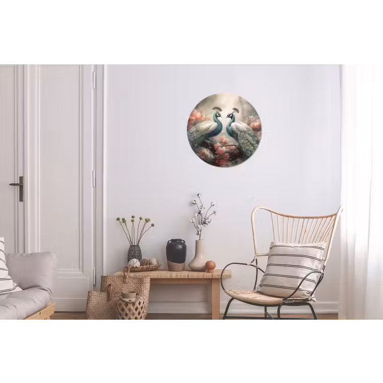 Pauwen - Pauwenveren - Vogels - Bloemen - Natuur Wandcirkel aluminium klein -woonkamer