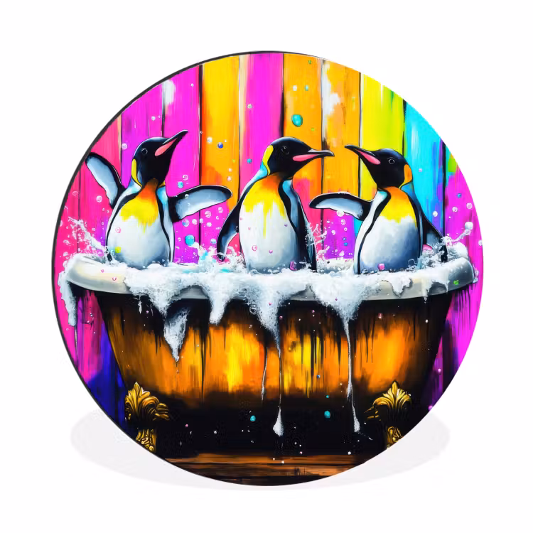 Pinguïns - Badkuip - Kleurrijk - Schuim Wandcirkel aluminium klein -3d