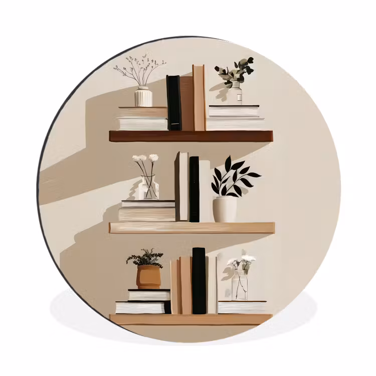 Plankjes - Boeken - Vaasjes - Planten Wandcirkel aluminium klein -3d