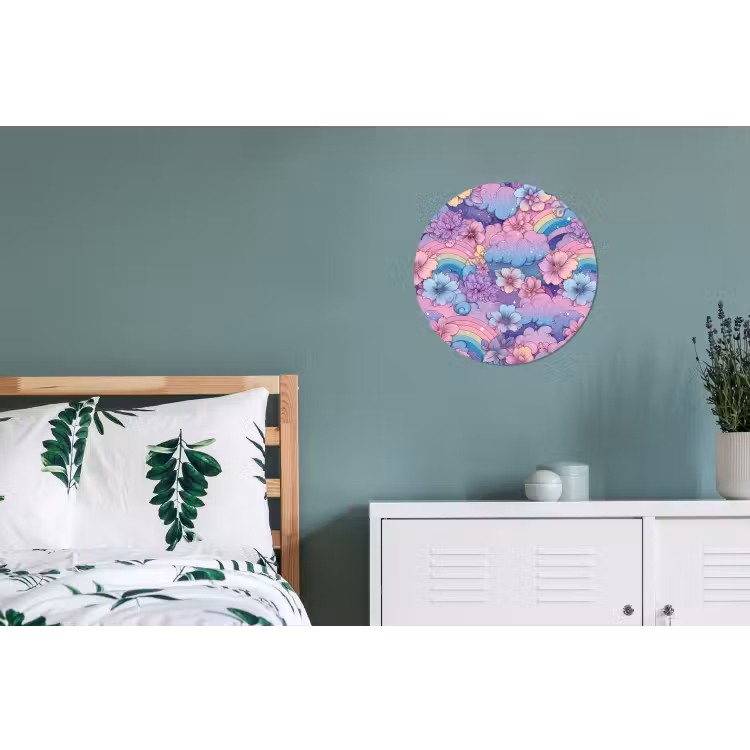 Regenbogen - Bloemen - Kleurrijk - Wolken Wandcirkel aluminium klein -slaapkamer