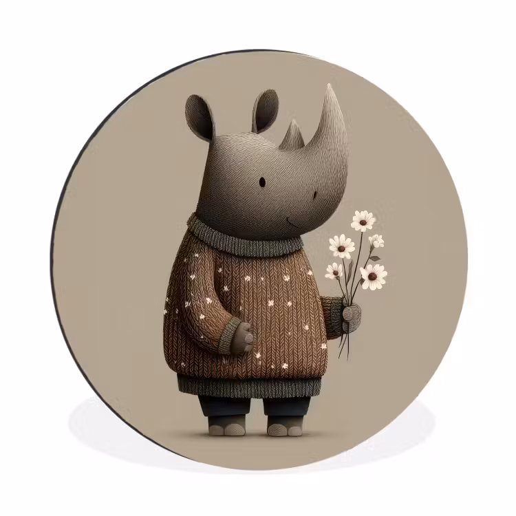 Neushoorn - Witte bloemen - Lief Wandcirkel aluminium klein -3d