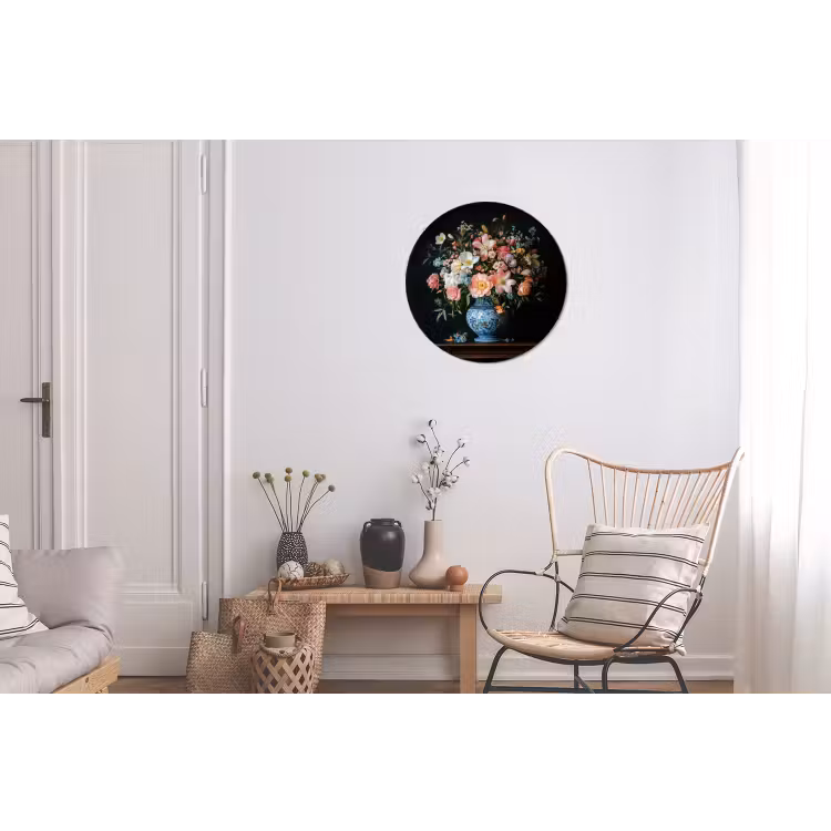 Roze - Bloemen - Vaas - Kleuren Wandcirkel aluminium klein -woonkamer
