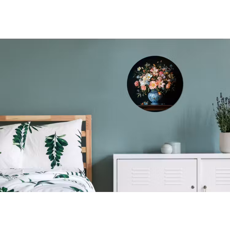 Roze - Bloemen - Vaas - Kleuren Wandcirkel aluminium klein -slaapkamer
