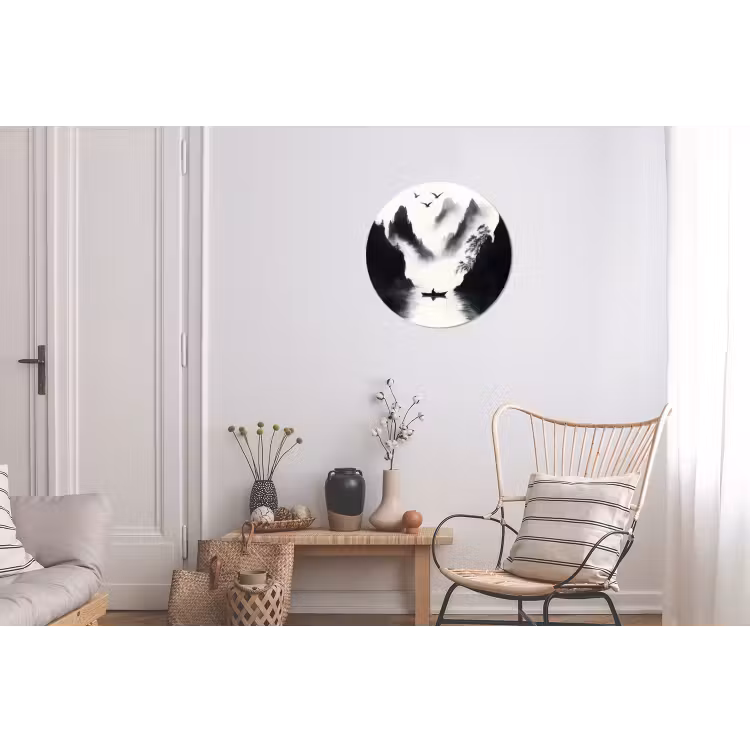 Roeiboot - Mistig - Bergen - Vogels Wandcirkel aluminium klein -woonkamer