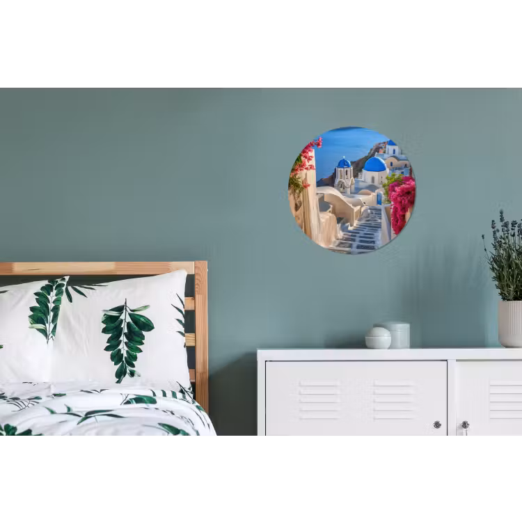 Santorini - Bloemen - Griekenland Wandcirkel aluminium klein -slaapkamer
