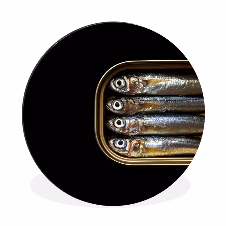 Sardines - Blik - Zwart - Vissen Wandcirkel aluminium klein -3d