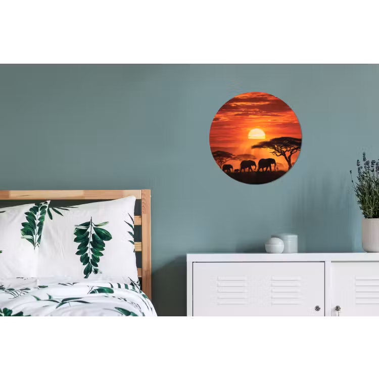 Savanne - Olifanten - Zonsondergang Wandcirkel aluminium klein -slaapkamer