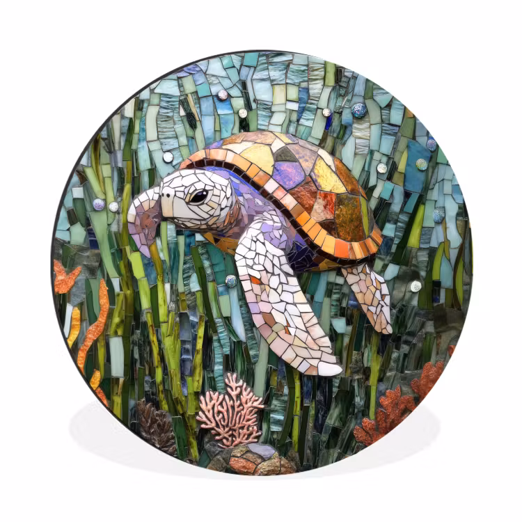 Schildpad - Zeewier - Mozaïek Wandcirkel aluminium klein -3d