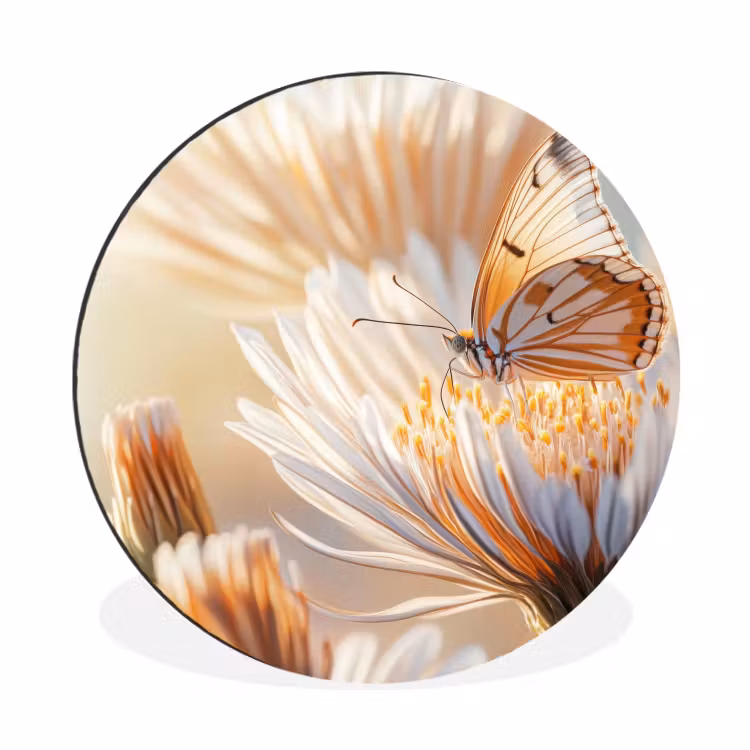 Vlinder - Bloem - Oranje Wandcirkel aluminium klein -3d