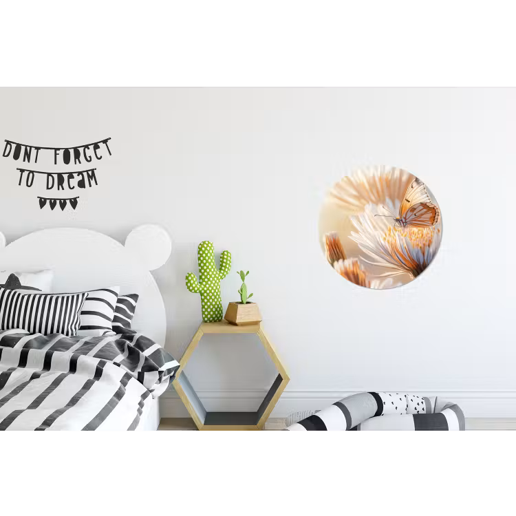 Vlinder - Bloem - Oranje Wandcirkel aluminium klein -kinderkamer