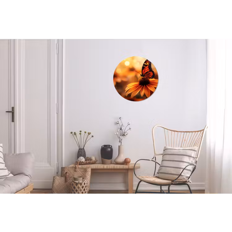 Vlinder - Bloemen - Oranje Wandcirkel aluminium klein -woonkamer