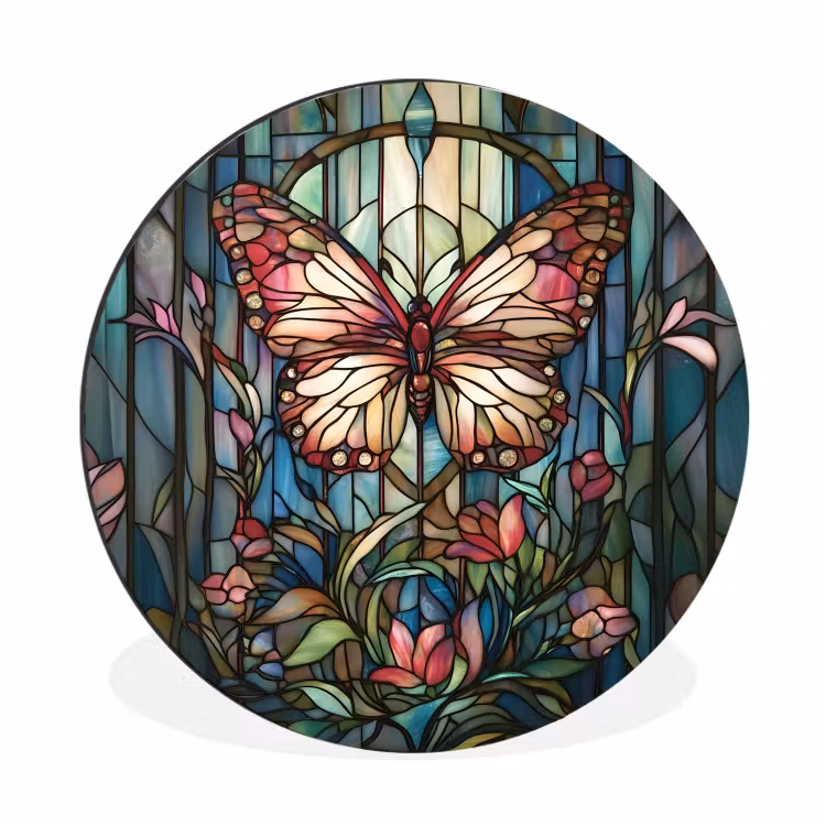 Vlinder - Roze - Bloemen - Bladeren Wandcirkel aluminium klein -3d