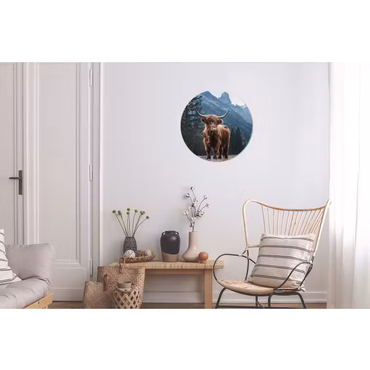 Schotse hooglander - Berg - Landschap - Bomen - Koe - Natuur Wandcirkel aluminium klein -woonkamer
