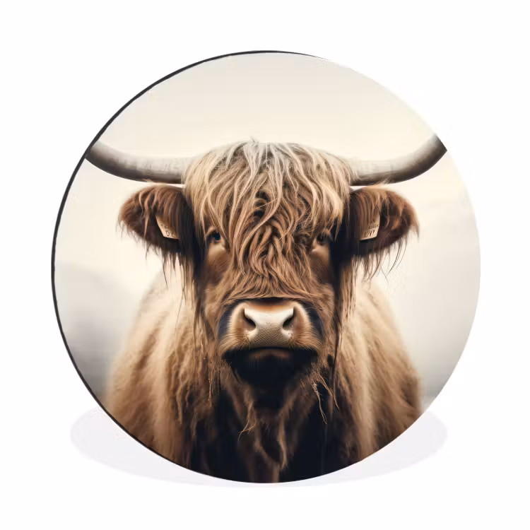 Schotse hooglander - Hoorns - Landschap Wandcirkel aluminium klein -3d