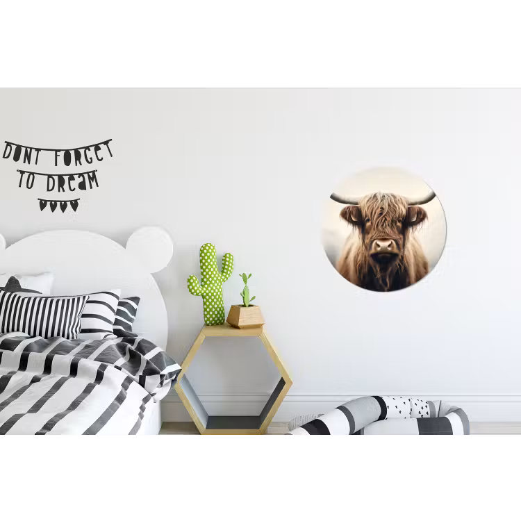 Schotse hooglander - Hoorns - Landschap Wandcirkel aluminium klein -kinderkamer