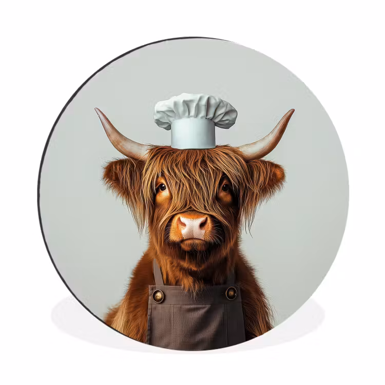 Schotse Hooglander - Bruin - Hoorns - Kokskleding Wandcirkel aluminium klein -3d