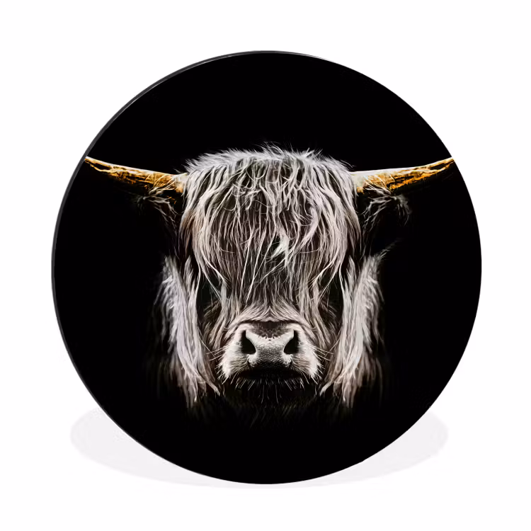 Schotse hooglander - Goud - Hoorns - Zwart wit - Koe - Dieren Wandcirkel aluminium klein -3d