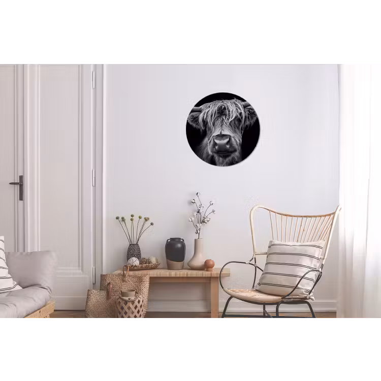 Schotse Hooglander - Horens - Zwart - Wit - Koe - Wild - Dieren Wandcirkel aluminium klein -woonkamer