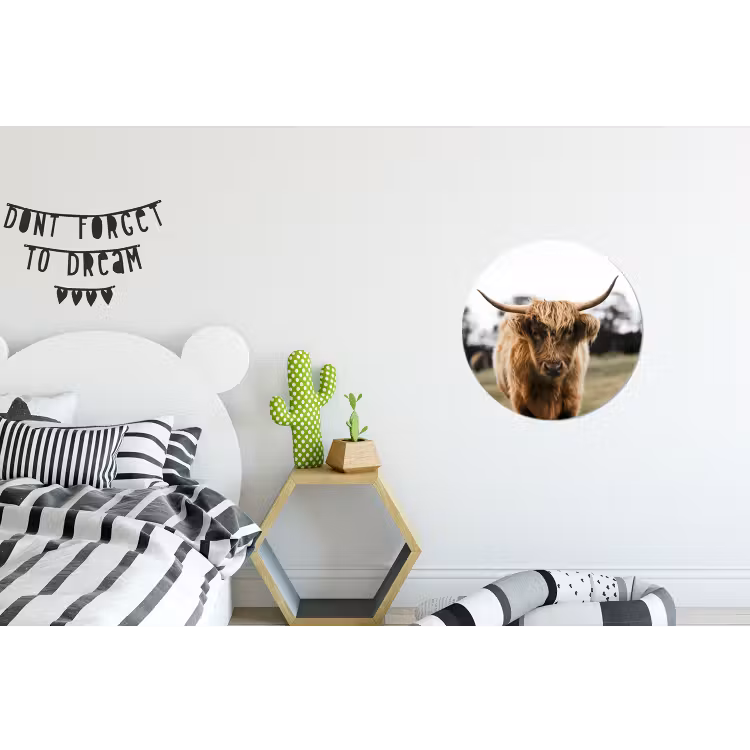 Schotse Hooglander - Koe - Gras - Dieren - Natuur Wandcirkel aluminium klein -kinderkamer