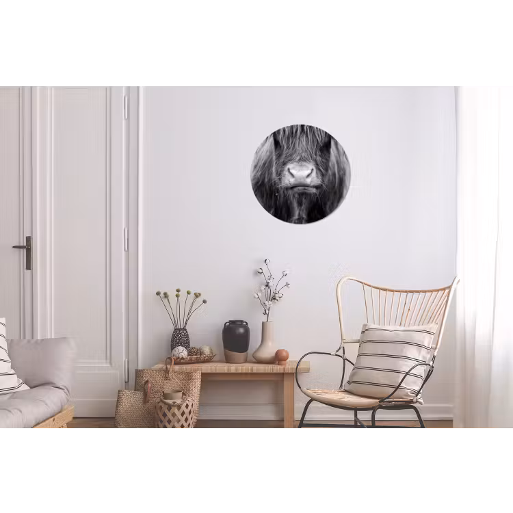 Schotse hooglander - Koe - Zwart - Wit - Dieren Wandcirkel aluminium klein -woonkamer